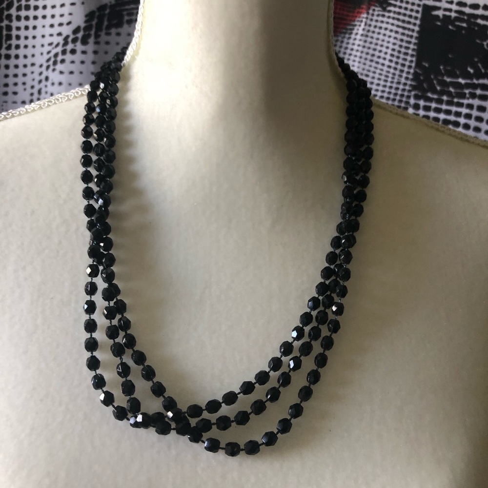 Triple-Strand Black Faceted Bead Fashion Necklace Vintage